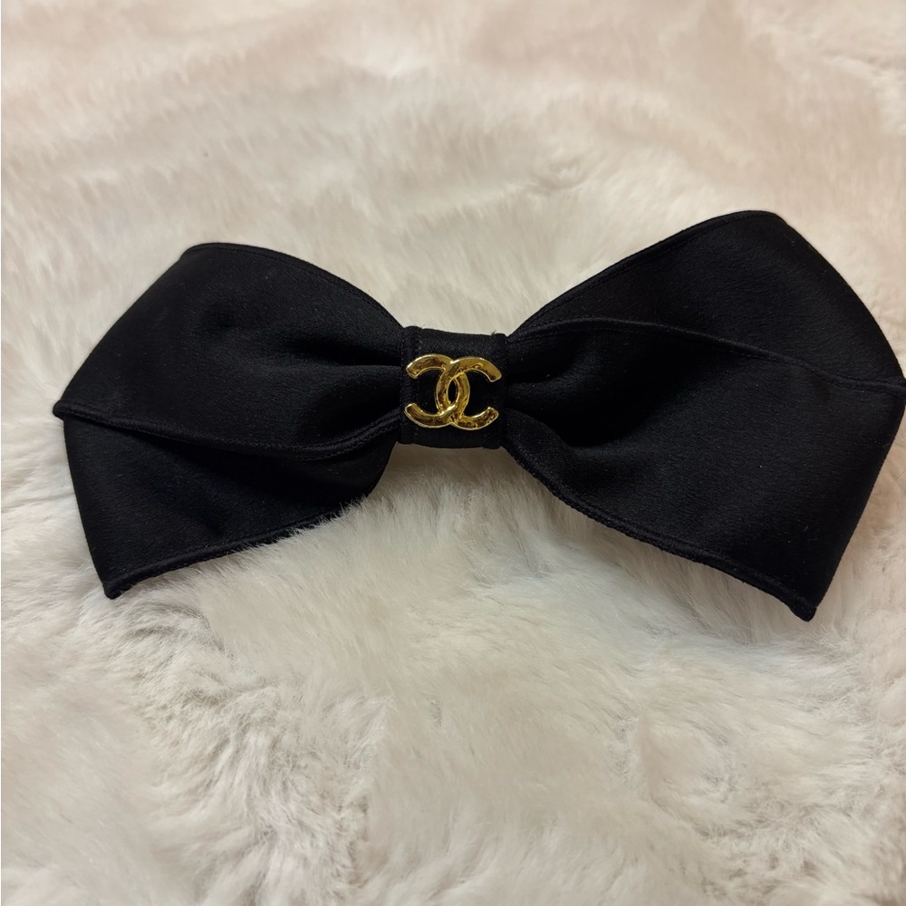 Chanel Bow Hair Barrette Black Satin